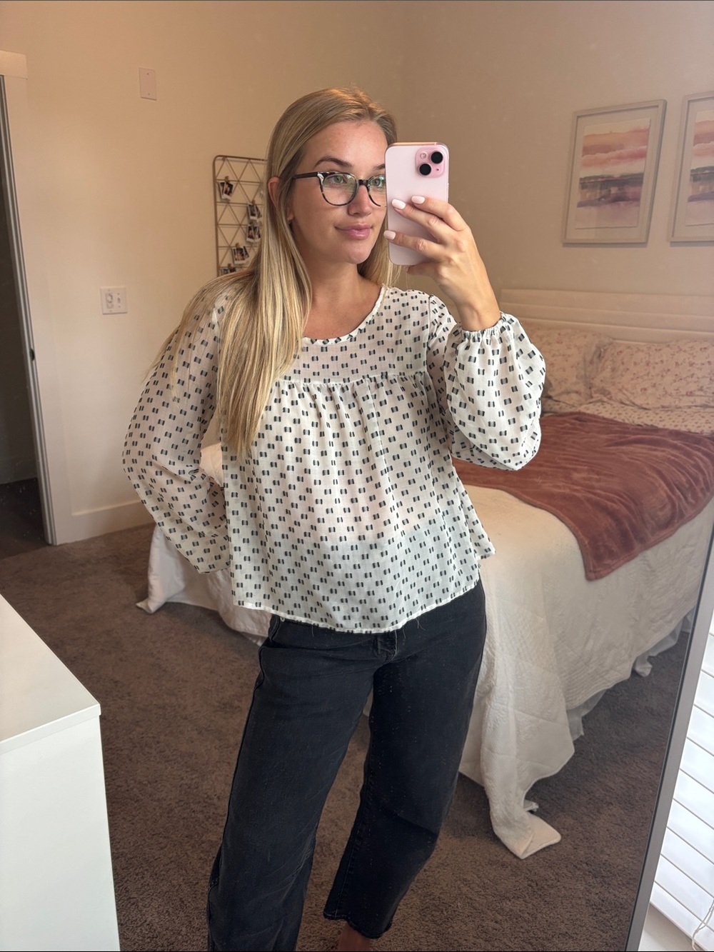White Long-Sleeve Printed Peasant Top